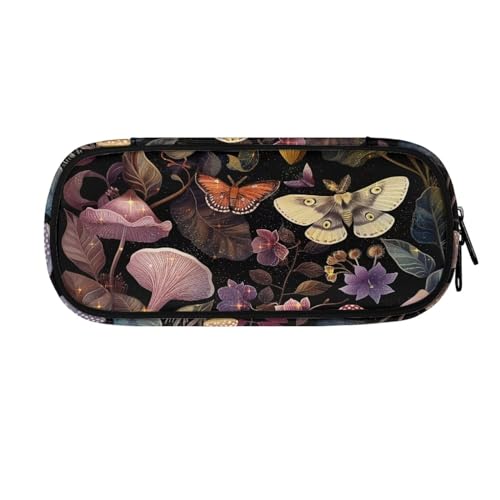 Image of Gold Orange Butterflies Leaves Mushrooms Flowers Pencil Case, High Capacity Pen Pouch Pencil Bag Marker Cosmetic Makeup Bags for Women, Zipper Closure