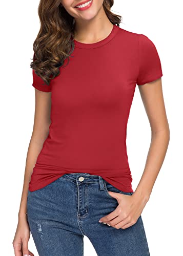 Women's Crewneck Slim Fitted Short Sleeve T-Shirt Stretchy Bodycon Basic Tee Tops (2Xl, Red) #TOP1
