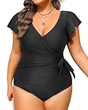 Tempt Me Black Women's Plus Size One Piece Swimsuits - Tummy Control Bathing Suits 2025 Ruffle Swimwear 18W