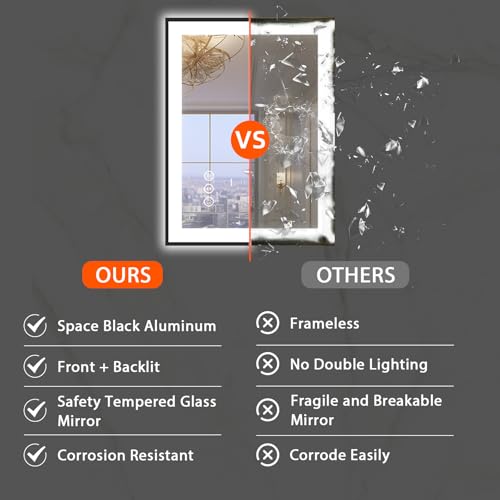 24x36 Bathroom LED Mirror, Black Aluminum Edge Lighted Mirror, 3 Colors Stepless Dimmable Vanity Mirror, Skincare, Anti-Fog, Shatter-Proof, ETL Listed, Memory Smart Mirror(Horizontal/Vertical)