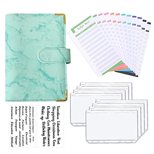 Mable Green Faux Leather A6 Budget Planner Binder with Zipper Cash Envelopes& Expense Budget Sheets, Money Saving Budget Saver Book, Cash Stuffing Organizer for Budgeting 