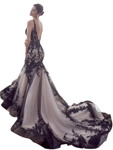 Sexy Gothic Mermaid Wedding Dresses for Bride 2025 Black Lace Applique V Neck Tulle Bridal Dresses Wedding Gowns with Train Us12