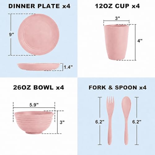 Image of Wheat Straw Dinnerware Sets for 4, 20 Piece Unbreakable Kids Dinnerware Set, Toddler Plates and Bowls Sets, Kitchen Plates and Bowls Set, Lightweight Dish Set for Travel Camping Party - Muted Pink