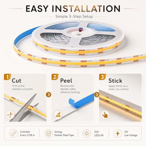 Image of COB LED Strip Lights, 12V Cabinet Light 6x6.56FT, 6500K Cuttable DIY LED Strip with Hide Touch and Hand Sweep Dimmer Switch Kit for Cabinet Showcase Kitchen Acoustic Panel Decoration Shelf Lighting