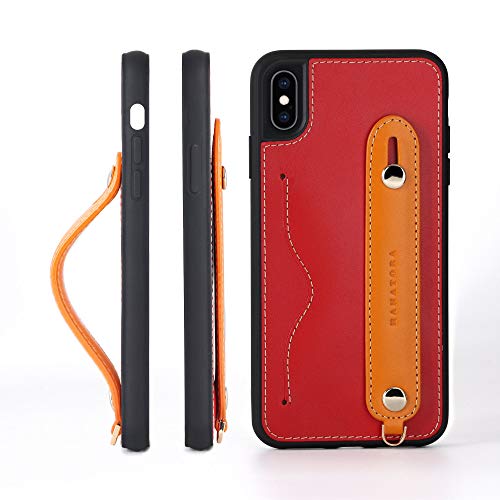 HANATORA iPhone XsMax グリップケース レザー 本革 ストラップ付属 イタリア製牛革 ヌメ革 片手操作 カード収納 スタンド機能 メンズ レディース レッド/オレンジ CGH-XsMax-Red-OG