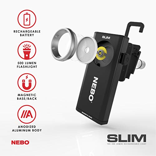 Nebo Slim Work Light, Usb Rechargeable Bright Pocket Light With Clip, Hook And Magnetic Base For Hands-Free Lighting Portable Cob Led Dimmable Work Light Flashlight 500 Lumens -Black #TOP1