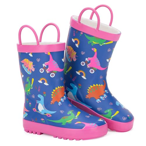 Toddler Rain Boots Kids Waterproof Rubber Boots for Boys and Girls with Handles in Fun Pattern