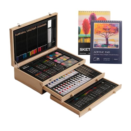 XVVX カラーペン 子供用絵画セット 手提げ木箱 独立ペンホルダー 鮮やかな色彩 折りたたみ収納 安全な原材料 水彩絵具 色鉛筆 油彩クレヨン 携帯に便利 水彩絵の具 アートセット お絵かき 小学生 キッズ プレゼント お誕生日 (ウッドカラー + ノー