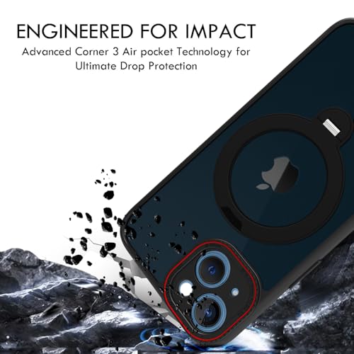 Image of RIGGEAR Shockproof Tough Hybrid Armor 360 Rotating Magnetic Ring Stand Back Cover Case Compatible with MagSafe Accessories for iPhone 14 (Smoke Black Matte PC and Black TPU Bumper)