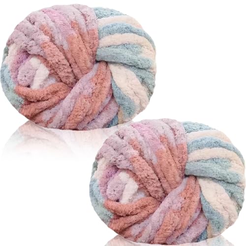 Duscdesp 2 Pack 240g Super Chunky Yarn for Hand Knitting,Thick Wool Yarn,Chenille Chunky Blanket Yarn for Hats Scarf Blankets Cushion Cat Bed(Colored Cherry Blossom)
