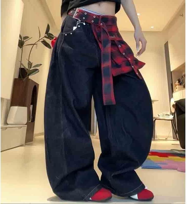 Women's Embroidered high Street Fart Curtain Plaid Jeans Wide Leg Curved Knife Casual Pants - Image 5