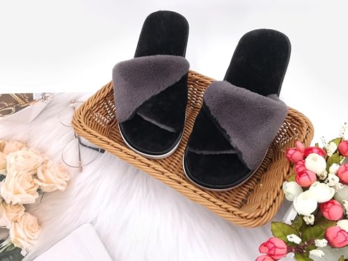 ofoot Women's Memory Foam Two-tone Crossed Twisted Strap Open Toe Slides | Breathable, Soft and Comfortable Faux Fur | Lightweight & Slip-resistant Flat Outsole3