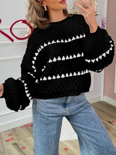 Saodimallsu Womens Oversized Sweaters Striped Long Lantern Sleeve Crew Neck Fall Trendy Knit Pullover Sweater3