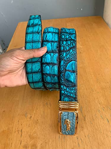 Genuine Crocodile Alligator Leather Skin Patina Paint Belt Buckle For Men, Handmade Men's Belt, Gift For Him (Blue Sky, Size 44) #TOP1