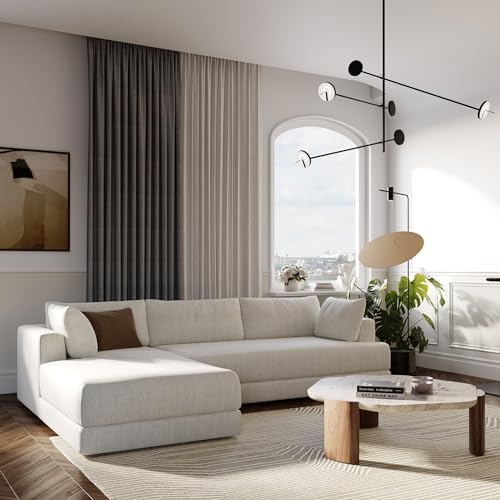 Image of Poly & BARK Marcel Left-Facing Corner Sectional with Extra-Wide Chaise - Deep, Relaxed Modern Design with Feather-Blend Cushions for Living Room Comfort and Style - Upholstered in Bright Ash