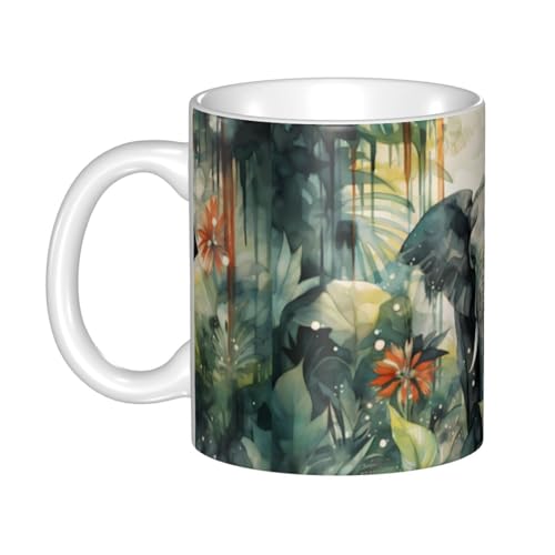 WHJDPP Taza de cerámica con imagen de elefante estilo tinta para capuchino, latte, cereales, yogur, leche, bebidas calientes o frías, horno de microondas