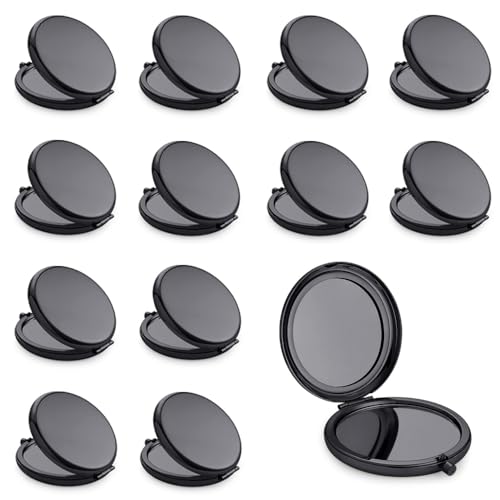 MLLXX Compact Mirror for Purse, Metal Round Shell, Double-Sided 1X/2X Magnifying, Portable Travel Makeup Mirror, Mini Pocket Mirror, Black, 12 Pack