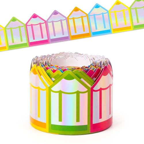 Image of BeYumi Crayon Holographic Border Trim - 65ft Back to School Colorful Crayons Holographic Straight Rolled Border Trim Iridescent Crayon Bulletin Board Set Classroom Office Chalkboard Door Party Decor