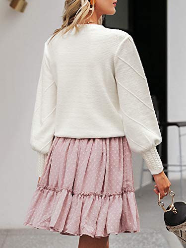 Miessial Women's Crew Neck Lantern Sleeve Sweater Pullover Elegant Knit Jumper Top White 4-6 #TOP1