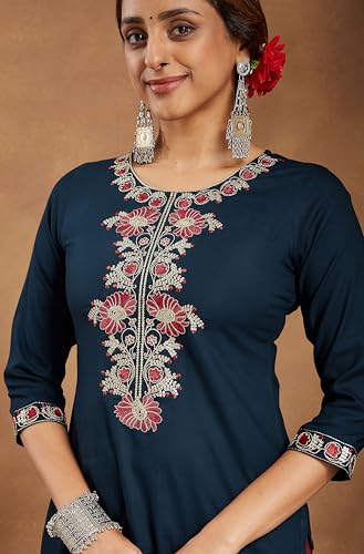 Image of Janasya Women's Navy Blue Rayon Embroidered Straight Kurta