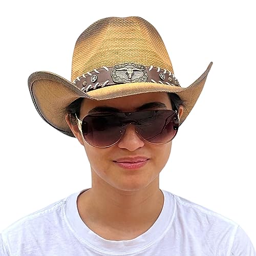Image of SILVERFEVER Straw Cowboy Hat Cowgirl Hats Men Women Sun Hat Sombreros Vagueros Classic Western Accents Sombreros