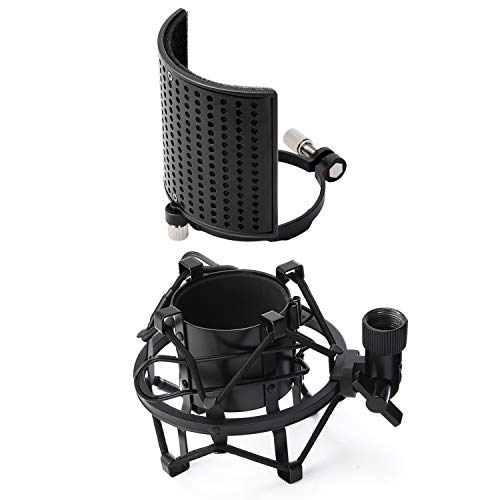 AT2020 Microphone Shock Mount with Metal Pop Filter, Compatible with 49mm-54mm Diameter Mic Except Blue Yeti, Anti-Vibration Suspension Shock Mount with Screw Adapter