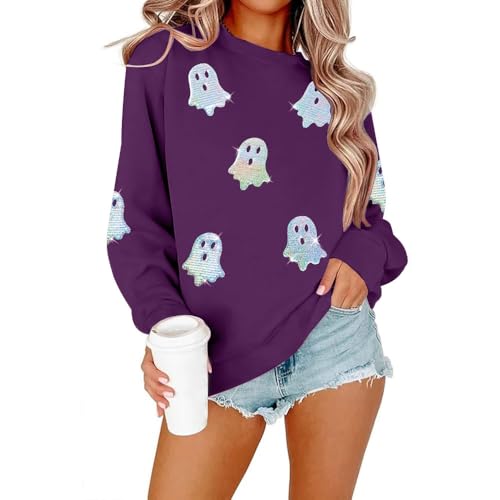 Halloween Sweatshirts Women Colorful Sequin Ghost Graphic Pullover Shirt - image 1