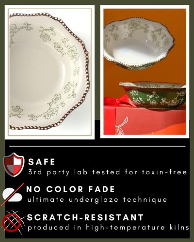 Kunaboo Artisanal Ceramic Soup Bowl, Dinner Bowls Ceramic, Dinner Bowls Set Of 4-14 Oz - Sakura Floral Series Pine Green - Ready To Wrap Gift #TOP3