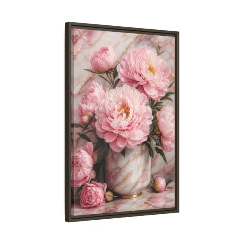Toile pivoines roses cadre expresso 50x75cm pour décoration salon