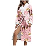 Eaylis Damen Winter Animal Print Verlängerter Bademantel Spleißen Home Kleidung Lange Flanell Nachtwäsche Fleece Kapuzen Bademantel Plüsch Lange Robe Mantel Kuschelfleece Pyjama