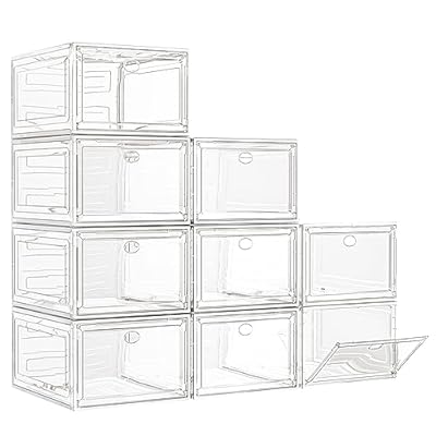 7 code Large Clear Shoe Boxes Organizer?Thicker Material? Stronger Shoe Box with Magnetic Door, Stackable Shoe Storage Box for Closet, Foldable Space-Saving Storage Bins Shoe Cabinet, White 9 Pack