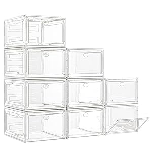 7 code Large Clear Shoe Boxes Organizer【Thicker Material】 Stronger Shoe Box with Magnetic Door, Stackable Shoe Storage Box for Closet, Foldable Space-Saving Storage Bins Shoe Cabinet, White 9 Pack