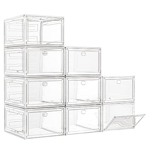 7 code Large Clear Shoe Boxes Organizer【Thicker Material】 Stronger Shoe Box with Magnetic Door, Stackable Shoe Storage Box for Closet, Foldable Space-Saving Storage Bins Shoe Cabinet, White 9 Pack