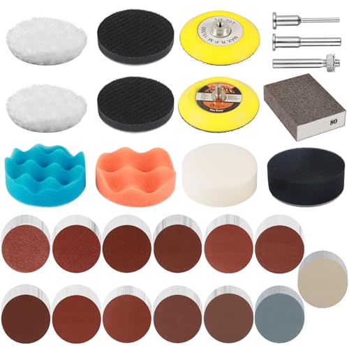 Celepoir 142 Piezas Pulir Faros Coche Kit, con 75mm Disco de Lijas, Esponja Pulidora & Lija Redonda (Grano 40-5000), Kit de Pulido para Faros de Coche, para Pulir Metal, Madera, Vidrio Y Automóvil