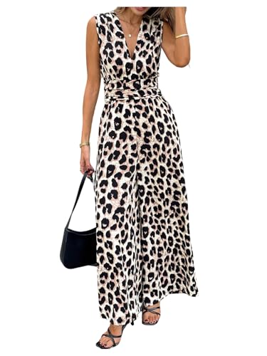 GORGLITTER Jumpsuits for Women UK Leopard Print V Neck Sleeveless Wide Leg Jumpsuit Casual Long Rompers Brown Large