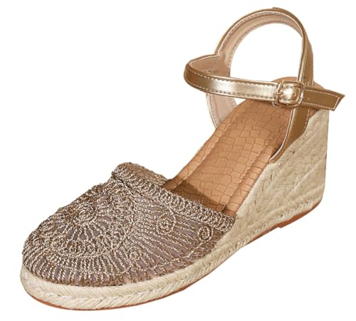 Tellrain Women’s Cotton Wedge Sandals Fashion Platform Crochet Summer Beach Shoes Natural Linen Closed Toe Dressy Sandals