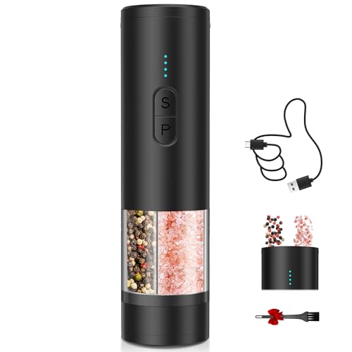 Electric Salt and Pepper Grinder Set 2 in 1, USB Rechargeable, Automatic Salt and Pepper Mill Shakers with LED Light, Battery Display, Adjustable Coarseness, Ideal for Kitchen Outdoor BBQ Gift