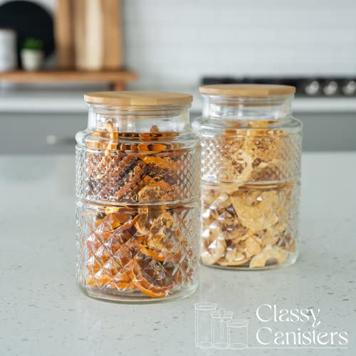Set Of 2 60 Ounce Round Large Glass Jar With Bamboo Lid - Large Kitchen Decorative Glass Jars With Vintage Diamond Pattern - Coffee Pasta Sugar Tea Snack Nuts Cookie Jar With Airtight Lids #TOP2