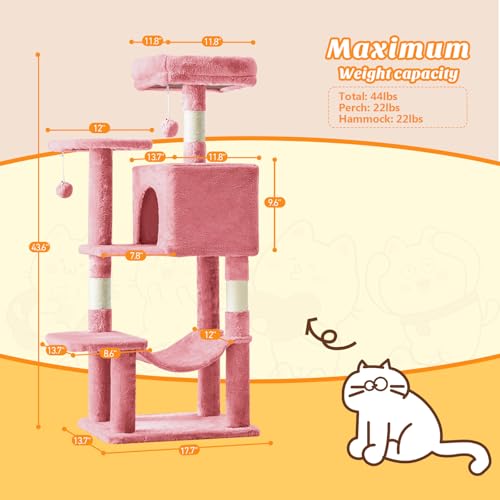 Image of Sweetcrispy 44 Inch Cats Tree Tower, Cat Climbing Tower with Natural Sisal Scratching Posts, Hammock, Pet Condo for Indoor Cats and Kittens Play, Pink