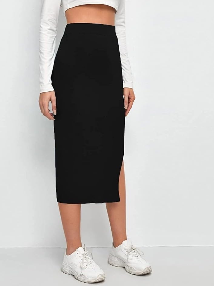 Image of Women's High Waist Bodycon Midi Skirt with Side Slit | Stretchy Pencil Skirt for Office, Casual Below Knee Length Elegant Slim Fit Skirt for Women
