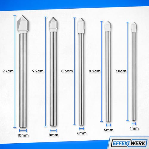 EffektWerk - 5-teiliges Keramikfliesen-Bohrerset - 4/5/6/8/10 mm - Mit Hartmetallspitze für Keramik, weichen Beton, Ziegel, Fliesen und Porzellan