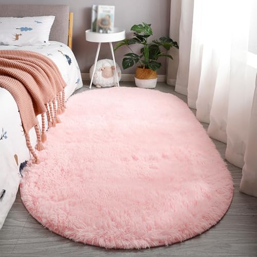 Treer Tapis Ovale Grande Taille Modernes, Couleur Unie Soft à Poils Longs (60x120cm, Rose Clair) pour Chambre et Salon