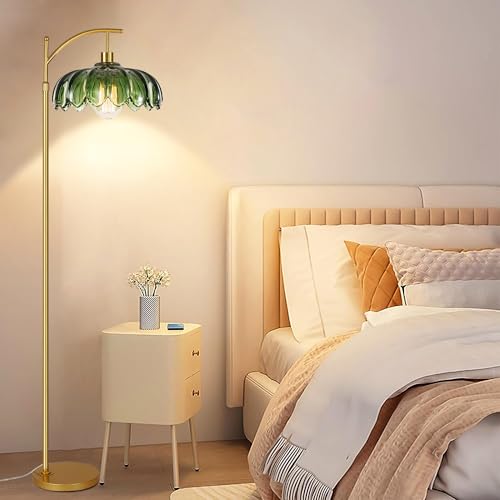 Image of AHDWDW Floor Lamp for Living Room Bedroom,Gold Dimmable Standing Lamp with Remote,Mid Century Modern Brass Tall Lamp Vintage Green Glass Lamp Floor Light,Arc Unique Floor Lamps for Office Corner