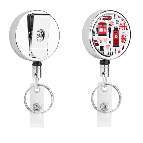 England Symbols Print Retractable Badge Holder Metal ID Name Holder Key Ring with Belt Clip