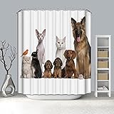 Badezimmer Vorhang Weiß, Polyester Duschvorhang Wasserdicht Verschiedene Arten Von Katzen und Hunden Badvorhang Anti-Schimmel 90x180CM