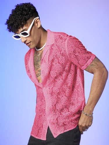WDIRARA Men's Floral Lace See Through Button Front Short Sleeve Shirt Summer Tee Top Hot Pink XX-Large4