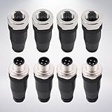 M12 Aviation Connector,4 Pairs 4-Pin Male and Female Straight Socket Panel A Code Field Wireable IP67 Waterproof Industrial Circular Connector