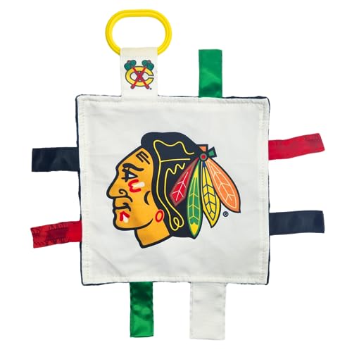 Image of The Learning Lovey Chicago Blackhawks Baby Tag Toy - NHL Hockey Baby Sensory Crinkle Toys - Soft & Safe - Ideal Baby Stroller Toy - BPA Free w /Stroller Clip (8 inch x 8 inch Tag Toy)