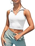 Women Workout Crop Top Built in Bra Ribbed Athletic Tank Tops Casual Sleeveless Collar Shirts Padded