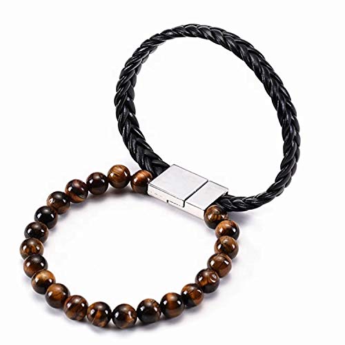 Image of Young & Forever Men's Genuine Braided Leather and Titanium Steel Bracelet | Bold Punk Tiger Eye Bead & Multi-Strand Wrist Bands | Vintage Nautical Clasp & Animal Head Hook Hook Kada Style Options